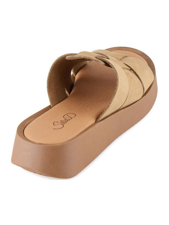 Кожени Дамски Сандали Flatforms Кафяв