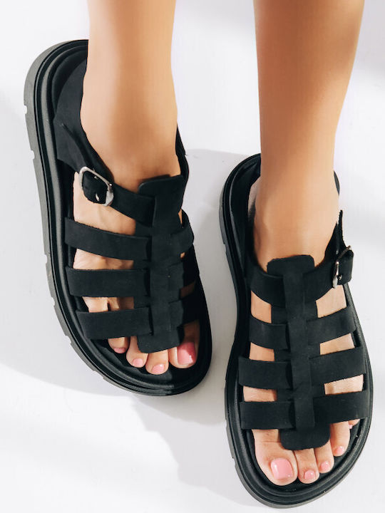 Дамски Кожени Сандали Gladiator Flatforms Черни