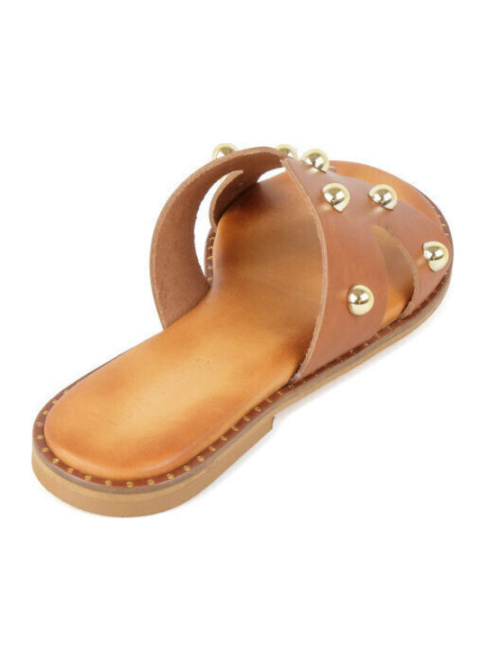 Leather Women's Flat Sandals in Brown Color