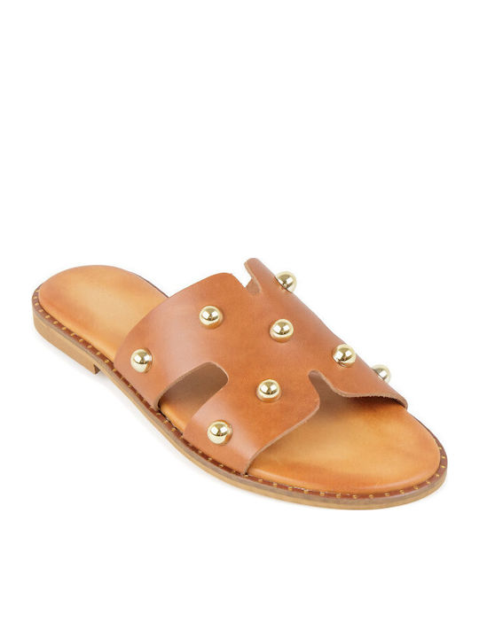 Leather Women's Flat Sandals in Brown Color