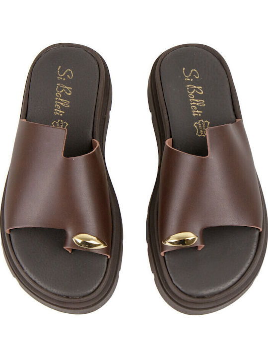 Leather Women's Flat Sandals Flatforms in Brown Color