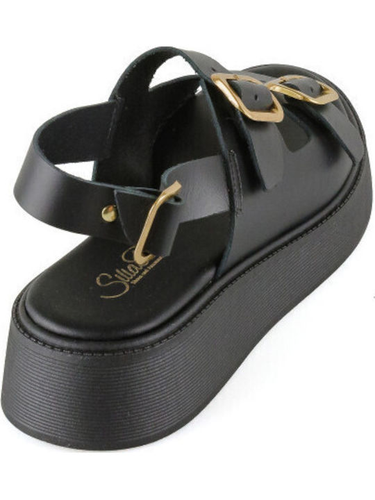 Δερμάτινα Γυναικεία Σανδάλια Flatforms Μαύρα