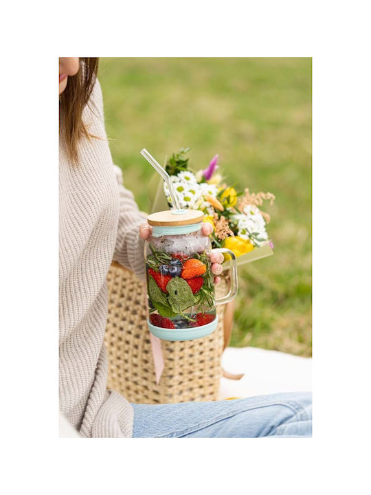 Vialli Design Glass Water made of Bamboo in Green Color with straw 600ml