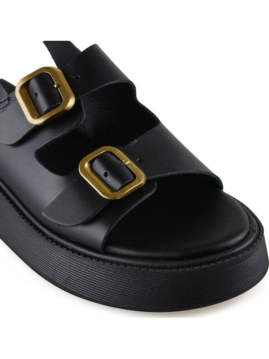 Δερμάτινα Γυναικεία Σανδάλια Flatforms Μαύρα