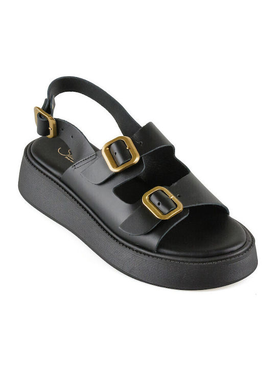 Δερμάτινα Γυναικεία Σανδάλια Flatforms Μαύρα
