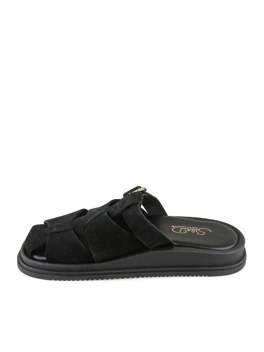 Leder Flache Sandalen für Damen Flatforms in Schwarz Farbe