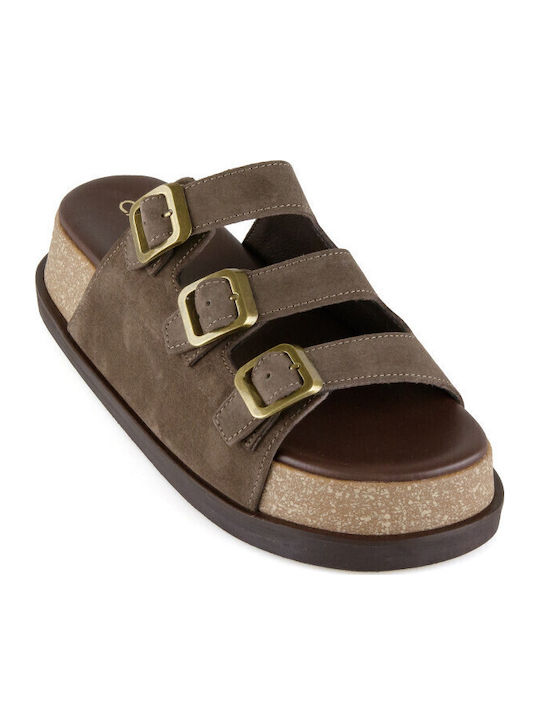 Leder Flache Sandalen für Damen Flatforms in Braun Farbe