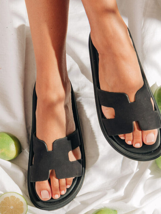 Leather Women's Flat Sandals Flatforms in Black Color