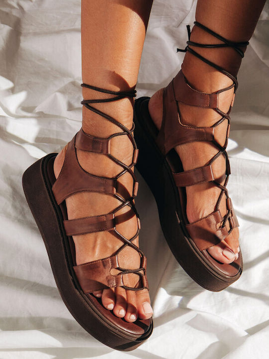 Дамски Кожени Сандали Flatforms Кафяви