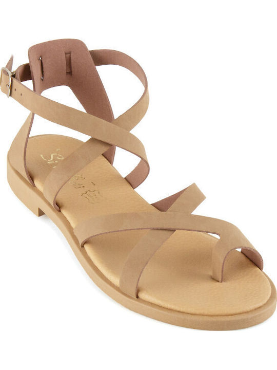 Leather Women's Flat Sandals in Brown Color