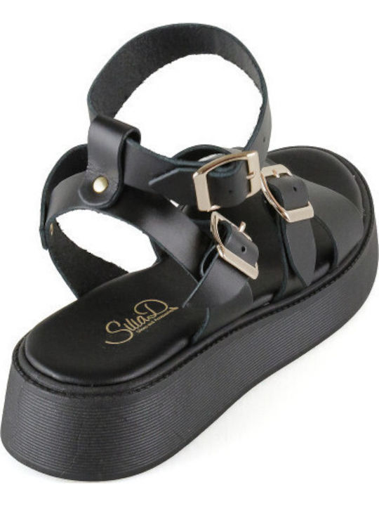 Leather Women's Flat Sandals Flatforms in Black Color
