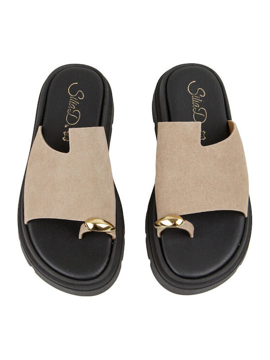 Leather Women's Flat Sandals Flatforms in Brown Color