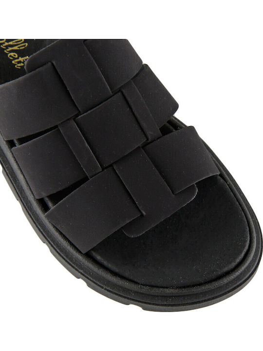 Δερμάτινα Γυναικεία Σανδάλια Flatforms Μαύρα