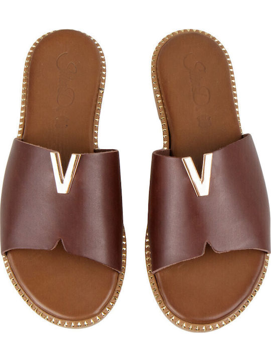 Leather Women's Flat Sandals in Brown Color