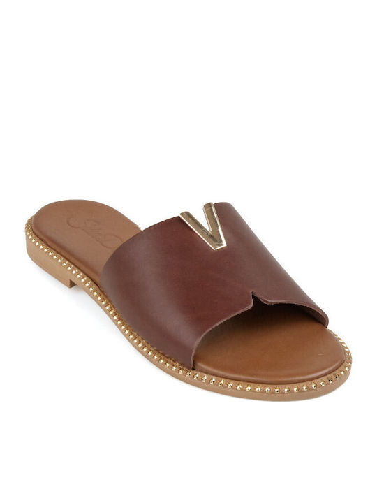 Leather Women's Flat Sandals in Brown Color