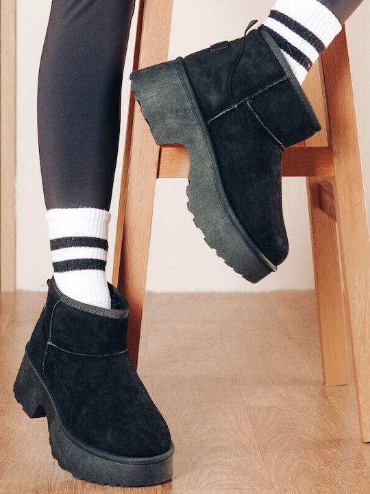 Suede Women's Ankle Boots with Fur Black