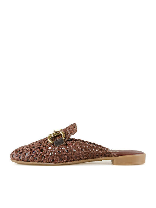 Leather Mules with Heel in Brown Color
