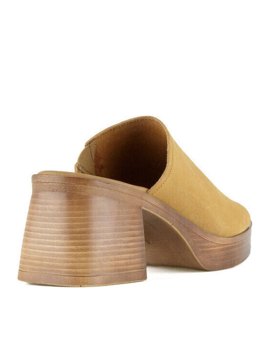 Leather Mules with Chunky Heel in Brown Color