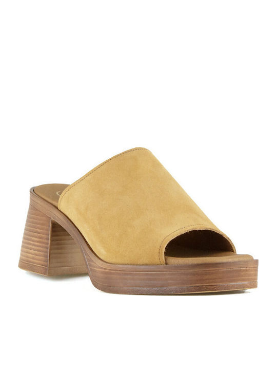 Leather Mules with Chunky Heel in Brown Color