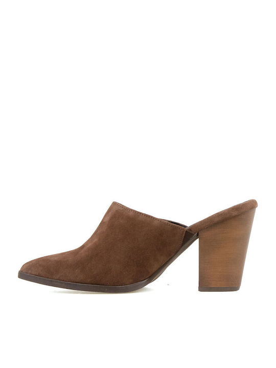 Leather Mules with High Heel in Brown Color