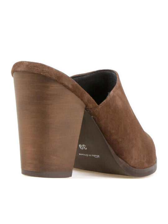 Leather Mules with High Heel in Brown Color
