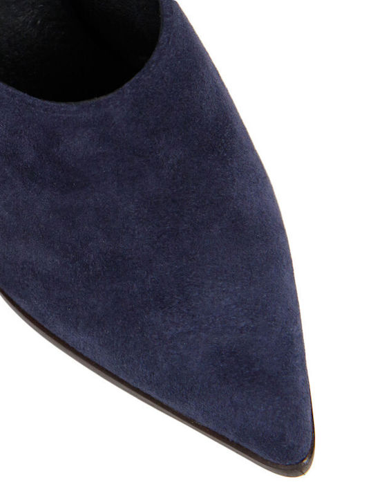 Leder Mules mit Hoch Absatz in Blau Farbe
