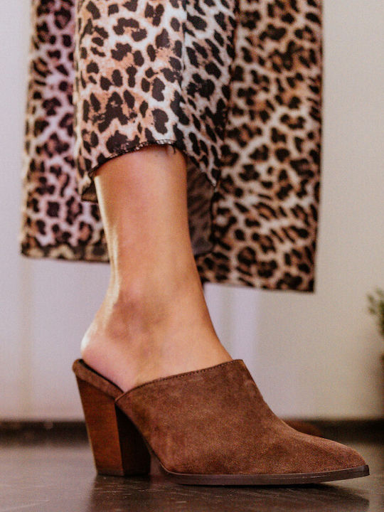 Leather Mules with High Heel in Brown Color