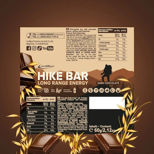 IronMaxx Hike Riegel mit 7.5gr Protein & Geschmack Dunkle Schokolade 60gr