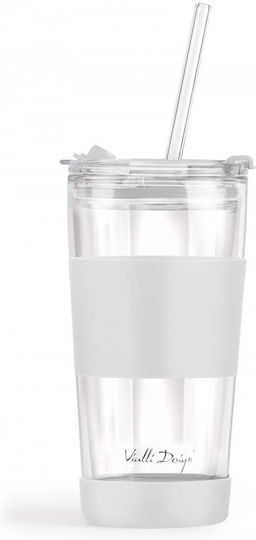 Vialli Design Pahar Cafea / Cafea grecească Freddo din Sticlă în Culoarea Alb cu pai 600ml