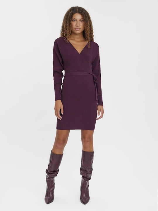 Mini Dress Long Sleeve Knitted Wrap Burgundy