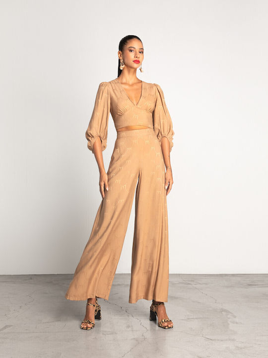 Women's High-waisted Fabric Trousers Camel