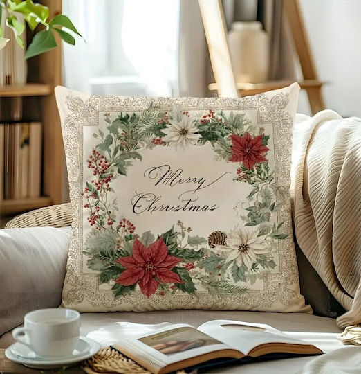 By Queen Limited Festive Edition Pillow Case Merry Wreath Poinsettias Pinecones 45x45cm