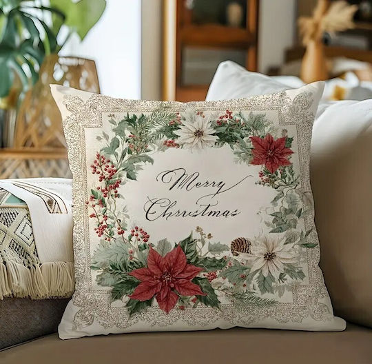 By Queen Limited Festive Edition Pillow Case Merry Wreath Poinsettias Pinecones 45x45cm