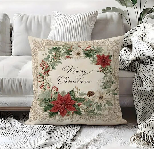 By Queen Limited Festive Edition Pillow Case Merry Wreath Poinsettias Pinecones 45x45cm