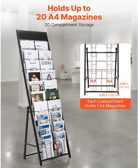 Vevor Veröffentlichungsanzeigen Display-Ständer für Broschüren 20 Fächer Tragbares Bodenständer für Zeitschriften Metallhalter Kataloge Zeitungen Geschäftsausstellung Büro Handelsmesse Schwarz
