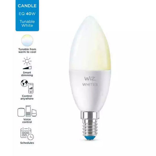 WiZ Smart Λάμπα LED 40W και Σχήμα C37 Ρυθμιζόμενο Λευκό Dimmable