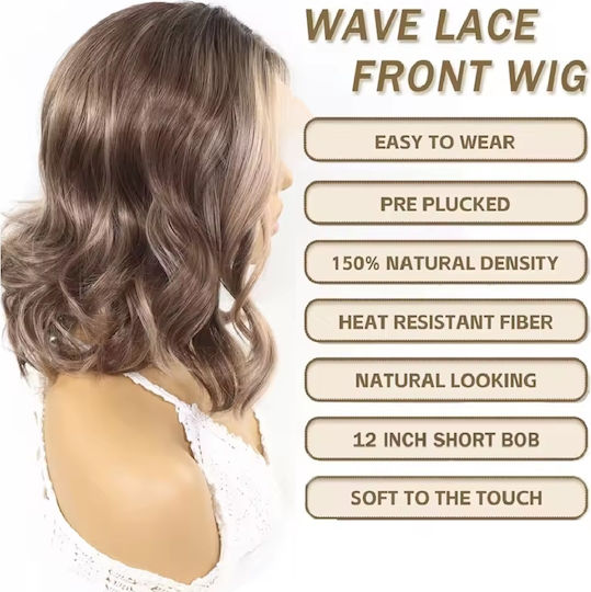Damen Perücke Full Lace 13x4 Unsichtbare Anwendung Kastanie Highlights Synthetisches Haar Hochwertige 12 Zoll