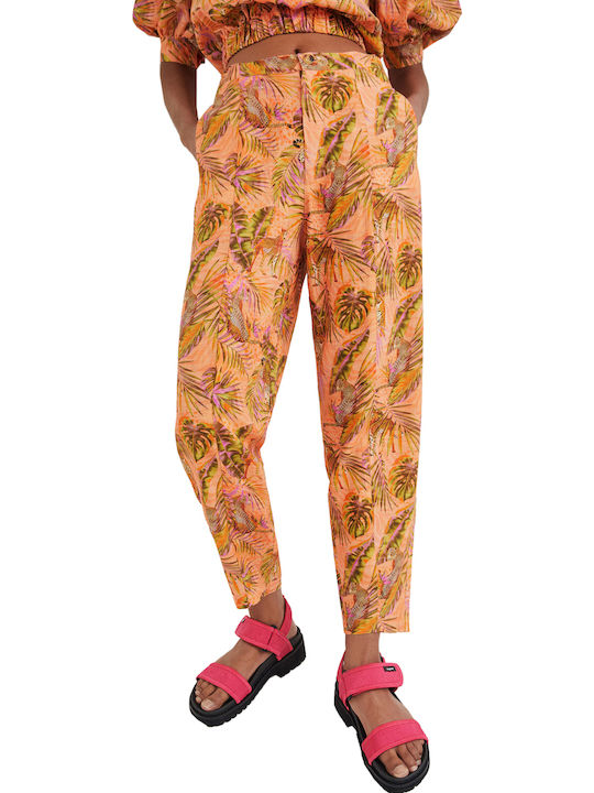 Safari Women's High-waisted Fabric Trousers Regular Fit Floral Orange
