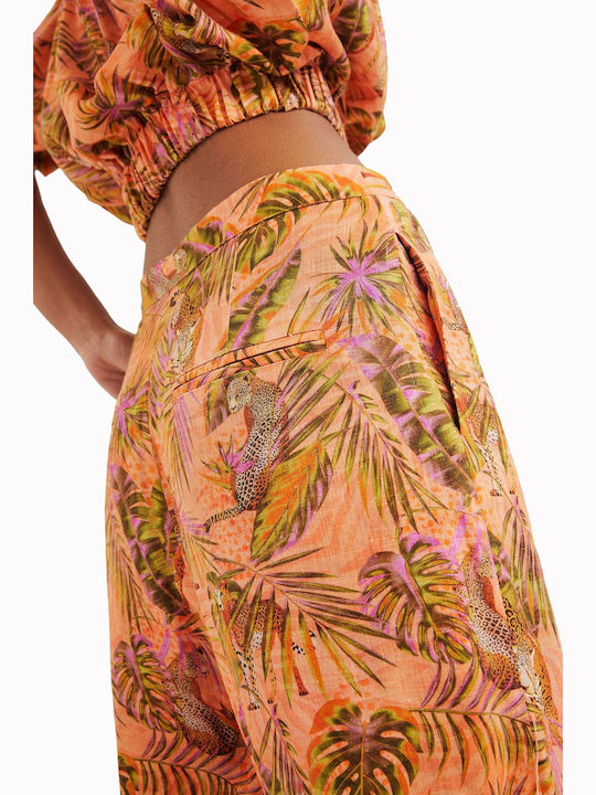 Safari Women's High-waisted Fabric Trousers Regular Fit Floral Orange