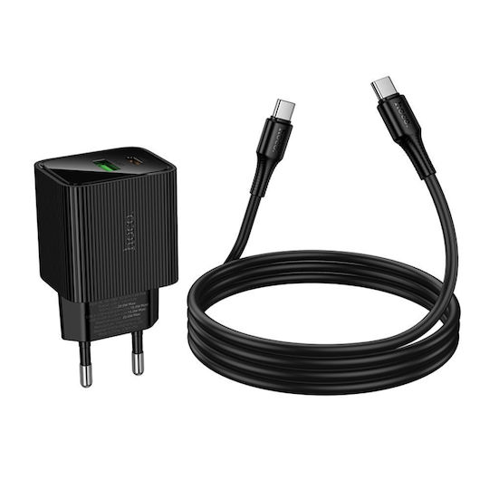 Hoco Ladegerät mit USB-A Anschluss und USB-C Anschluss und Kabel USB-C - USB-C 20W Stromlieferung / Schnellaufladung 3.0 / Schnellaufladung 2.0 Schwarzs (CS83A)
