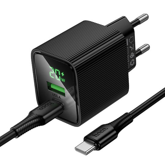 Hoco Ladegerät mit USB-A Anschluss und USB-C Anschluss und Kabel USB-C - USB-C 20W Stromlieferung / Schnellaufladung 3.0 / Schnellaufladung 2.0 Schwarzs (CS83A)