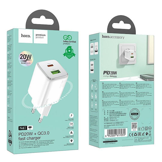 Hoco Зарядно без кабел GaN (Галуниев нитрид) с USB-A порт и USB-C порт 20W Доставка на енергия / Бързо зареждане 3.0 Бял (N41)