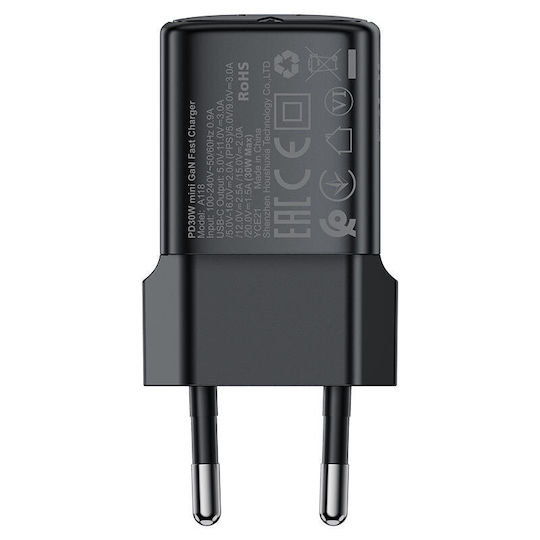 Acefast Φορτιστής Χωρίς Καλώδιο GaN με Θύρα USB-C 30W Power Delivery Μαύρος (A118)