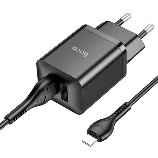 Hoco Încărcător cu 2 Porturi USB-A și Cablu Lightning 25W Power Delivery / Quick Charge 3.0 / Quick Charge 2.0 Negru (N25 „Maker”)