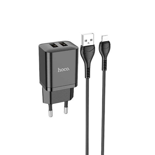 Hoco Încărcător cu 2 Porturi USB-A și Cablu Lightning 25W Power Delivery / Quick Charge 3.0 / Quick Charge 2.0 Negru (N25 „Maker”)