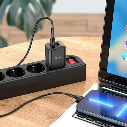 Hoco Încărcător cu 2 Porturi USB-A și Cablu Lightning 25W Power Delivery / Quick Charge 3.0 / Quick Charge 2.0 Negru (N25 „Maker”)