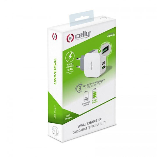 Celly Ladegerät ohne Kabel mit 2 USB-A Anschlüsse Weißs (TC2USBTURBO)