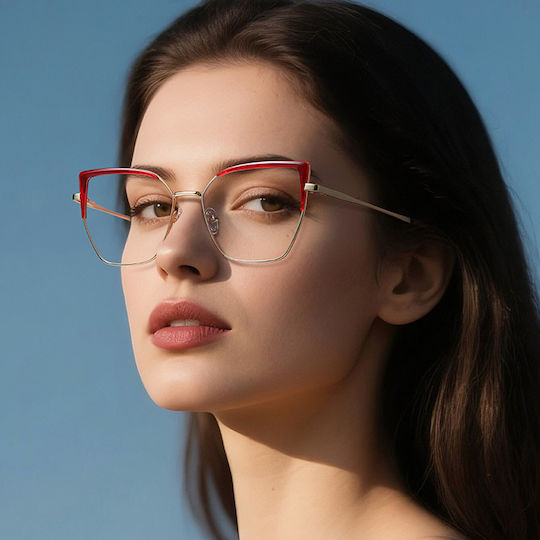 Techsuit Anti-Blue Light Glasses Reflex PC 3156 Women Cat Eye Metal Frame AC Lens Gold Black