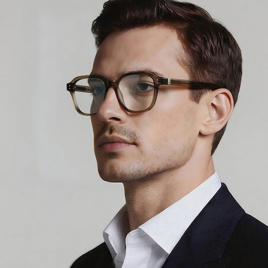 Techsuit Anti-Blue Light Glasses Reflex PC 2227 Men Round TR90 & Metal Frame AC Lens Transparent Brown