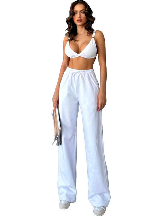 Dama Tesatura Pantaloni Evazați cu Croială Relaxată White
